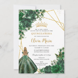 Invitation Chic Emerald Green Floral Blonde Girl Quinceañera
