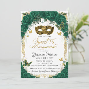 Invitation Chic Emerald Green Floral Gold Sweet 16 Masquerade