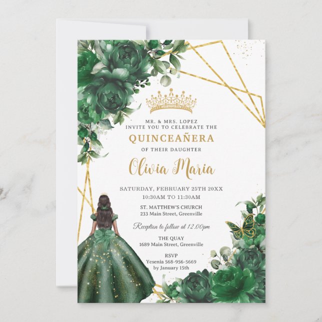 Invitation Chic Emerald Green Floral Princess Quinceañera (Devant)