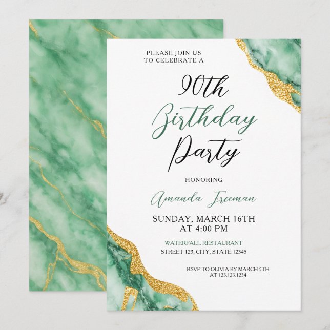 Invitation Chic Emerald Green & Gold 90e anniversaire (Devant / Derrière)