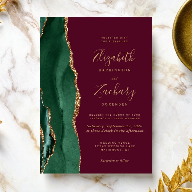 Invitation Chic Emerald Green Gold Agate Mariage Bourgogne (Créateur téléchargé)