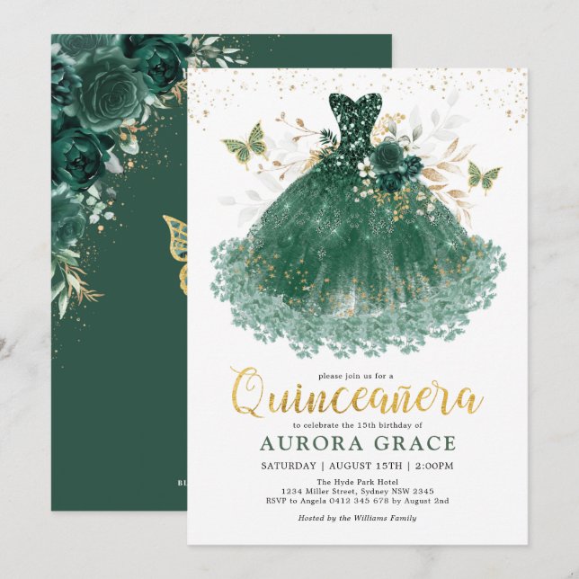 Invitation Chic Emerald Green Gold Quinceañera Princess Gown (Devant / Derrière)