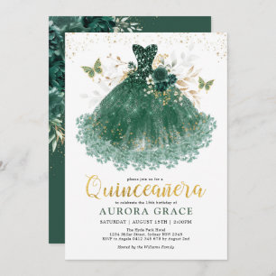 Invitation Chic Emerald Green Gold Quinceañera Princess Gown