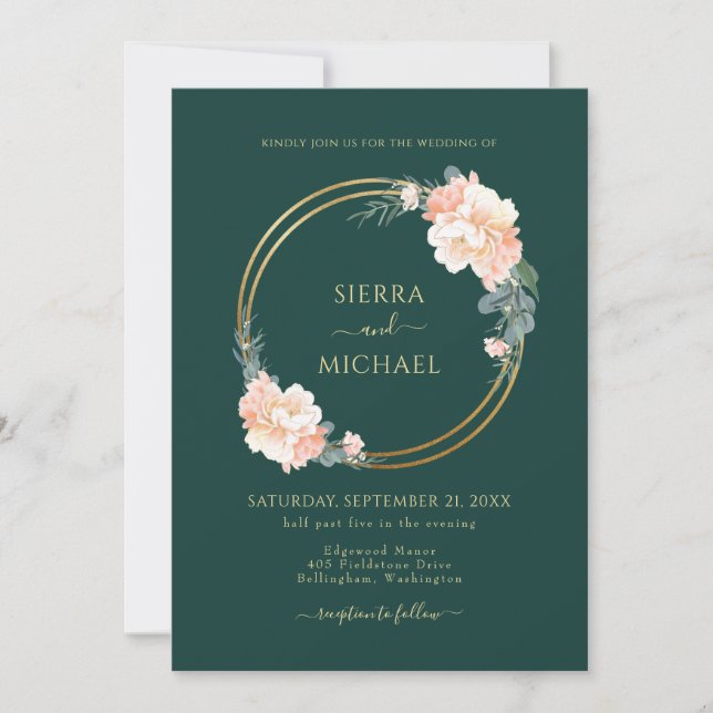 Invitation Chic Emerald Green Gold Rings Blush Floral Mariage (Devant)