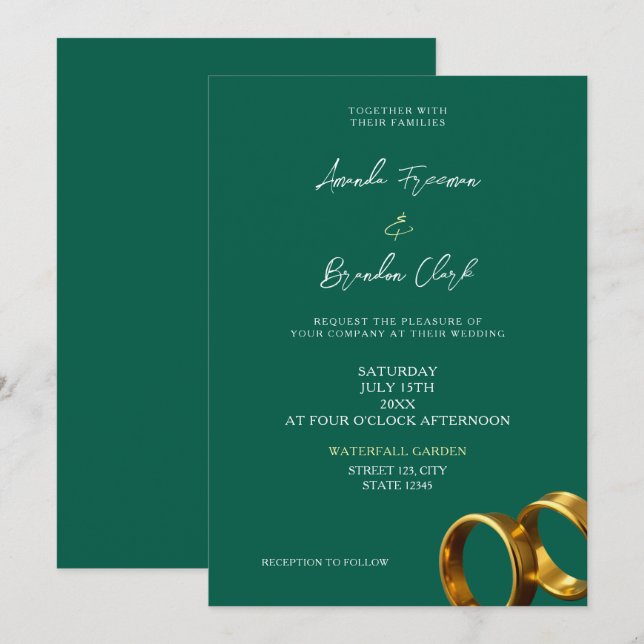 Invitation Chic Emerald Green Gold Rings Wedding (Devant / Derrière)