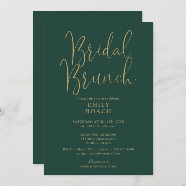 Invitation Chic Emerald Green Gold Script Bridal Bunch Douche (Devant / Derrière)