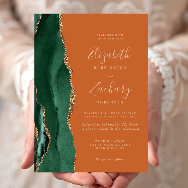 Invitation Chic Emerald Green Or Agate Burning Orange Mariage (Créateur téléchargé)