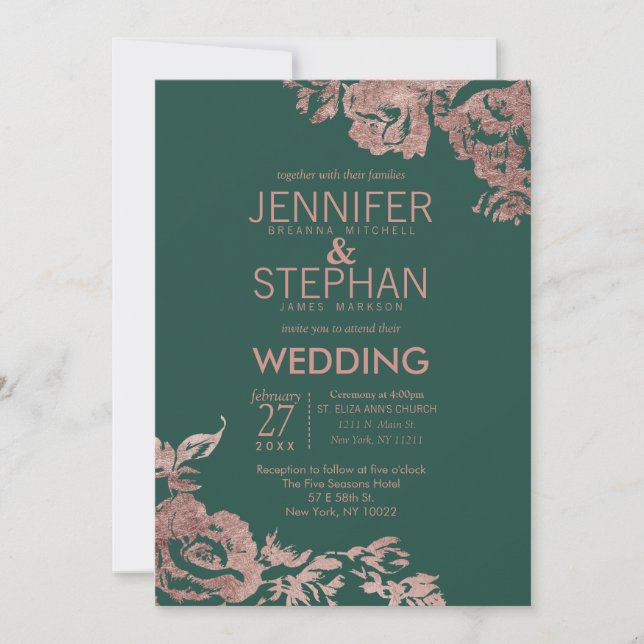 Invitation Chic Emerald Green Rose or Mariage Floral or (Devant)