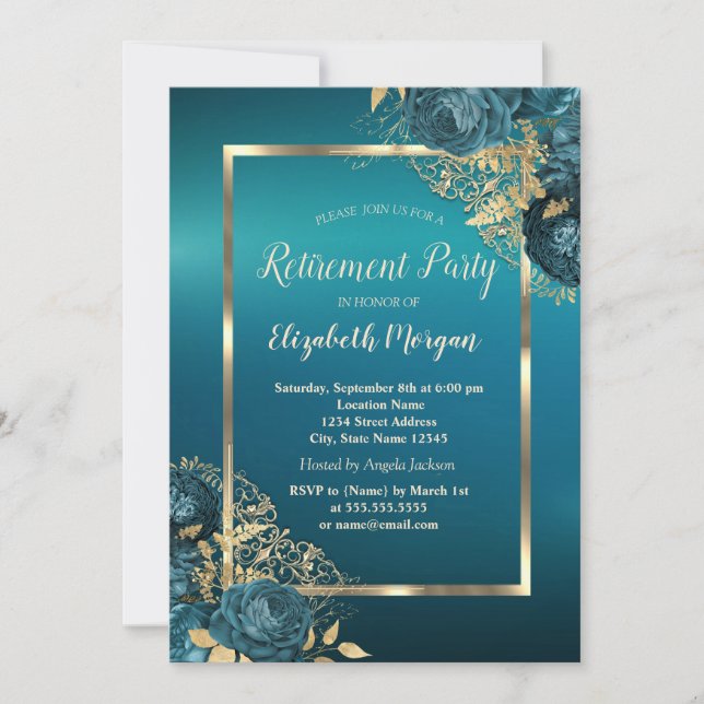 Invitation Chic Emerald Green Roses Frame Retirement Party (Devant)