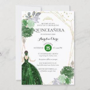Invitation Chic Emerald Vert Floral Géométrique Quinceañera