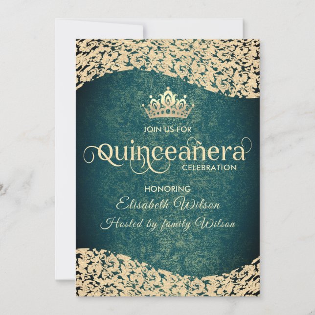 Invitation Chic Emerald vert or damask tiara Quinceañera (Devant)