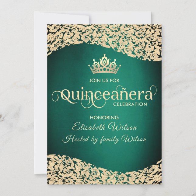 Invitation Chic Emerald vert or damask tiara Quinceañera (Devant)