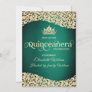 Invitation Chic Emerald vert or damask tiara Quinceañera