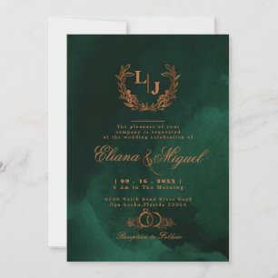 Invitation Chic Émeraude Cuivre Calligraphie Monogramme Maria