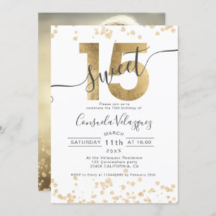 Invitation Chic en feuille d'or confetti blanc Quinceanera ph