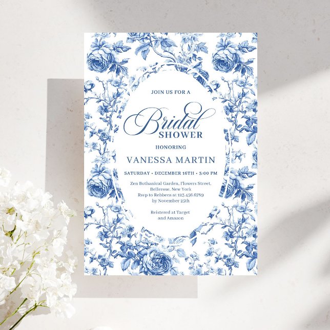 Invitation Chic et intemporel Chinoiserie Toile de Jouy Navy  (Timeless Navy Chinoiserie Toile Bridal Shower Invitation)