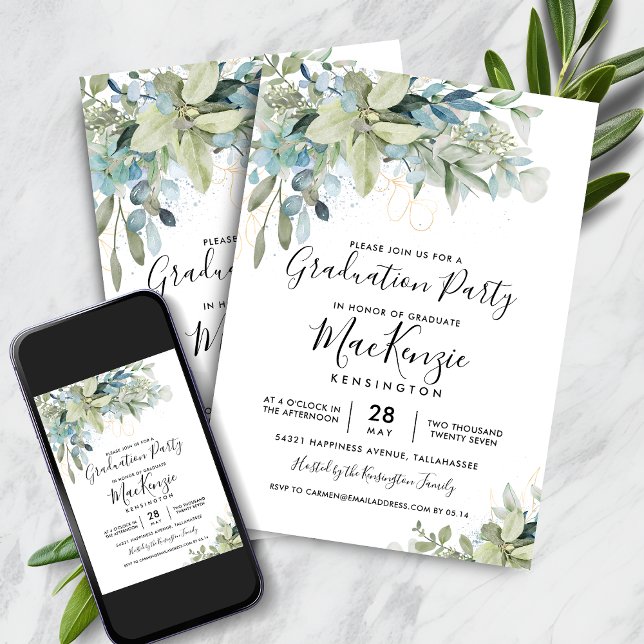 Invitation Chic Eucalyptus Green Graduation Party (Chic Eucalyptus Greenery Graduation Party Invitation with Instant Download)