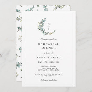 Invitation Chic Eucalyptus Monogram Répétition Dîner I