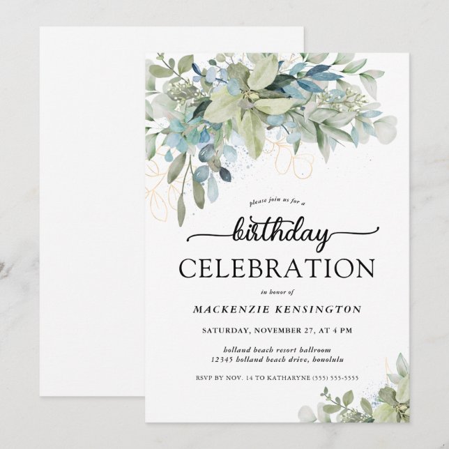 Invitation Chic Eucalyptus Verdure Anniversaire Célébration (Devant / Derrière)