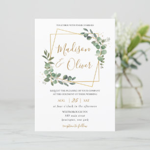 Invitation Chic Eucalyptus Verdure or Mariage géométrique