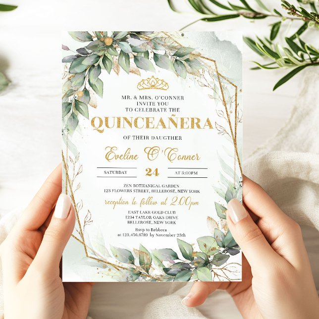 Invitation Chic eucalyptus verdure parties scintillant or Qui (Lavish eucalyptus greenery gold glitter quinceanera invitation with gold tiara)