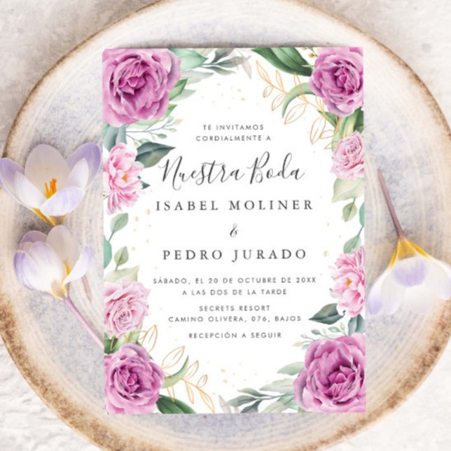 Invitation Chic Eucalyptus violet Roses Nuestra Boda Mariage (Créateur téléchargé)