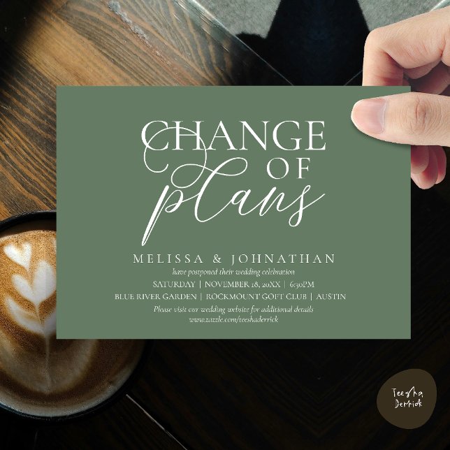 Invitation Chic Faire-Attendre Mariage Changement De Plans (Chic Typographic Wedding Postponement Change of plans Date Changed Invitation Card in Sage Green)