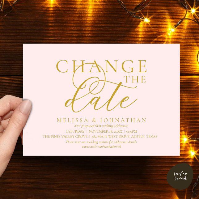 Invitation Chic Faire suivre la date du mariage (Chic Typographic Wedding Postpone Postponement Change the date Invitation card in blush gold)