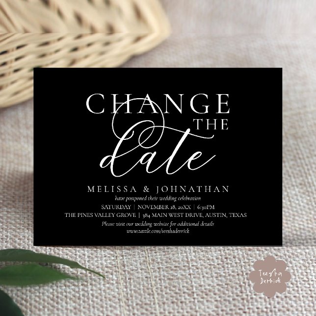 Invitation Chic Faire suivre la date du mariage (Chic Typographic Wedding Postpone Postponement Change the date Invitation card in classy black)