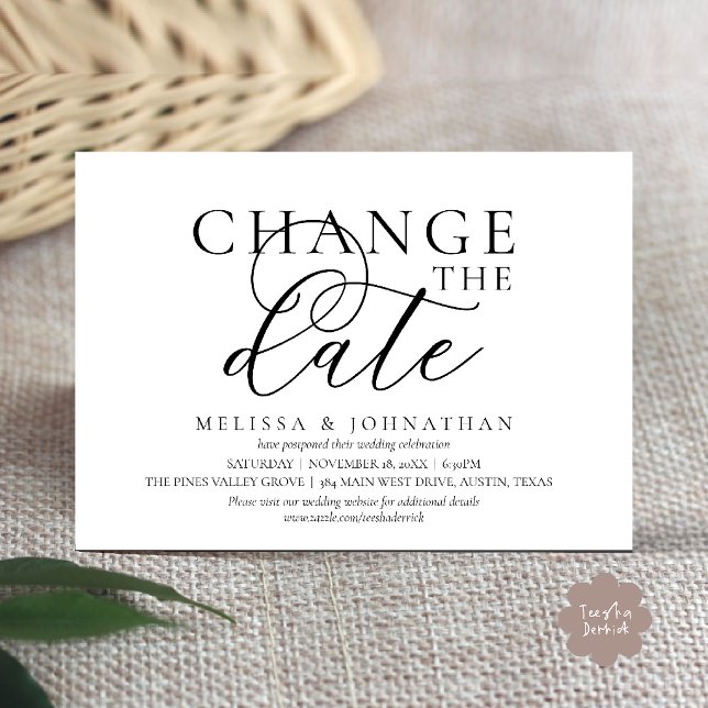 Invitation Chic Faire suivre la date du mariage (Chic Typographic Wedding Postponement Change the date Invitation Card in Black and White)