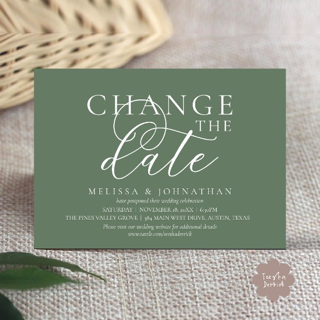 Invitation Chic Faire suivre la date du mariage Reporté (Chic Typographic Wedding Postpone Postponement Change the date Invitation card in sage green)