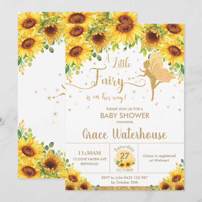 Invitation Chic Fairy Sunflower Floral Baby shower Girl (Devant / Derrière)