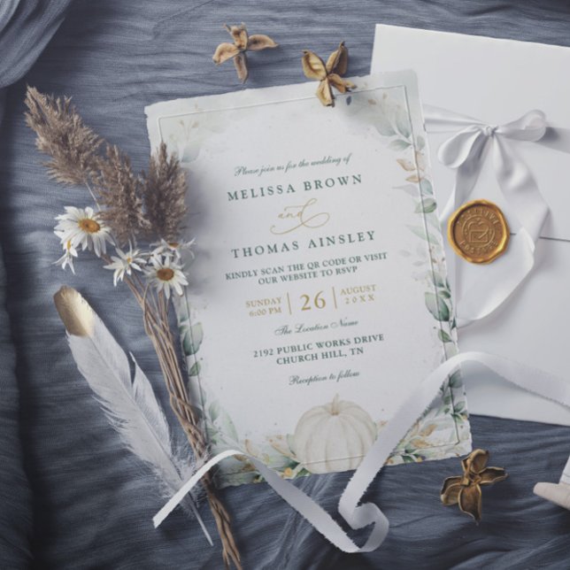 Invitation Chic Fall in Love Pumpkin Greenery QR Code Wedding (Créateur téléchargé)