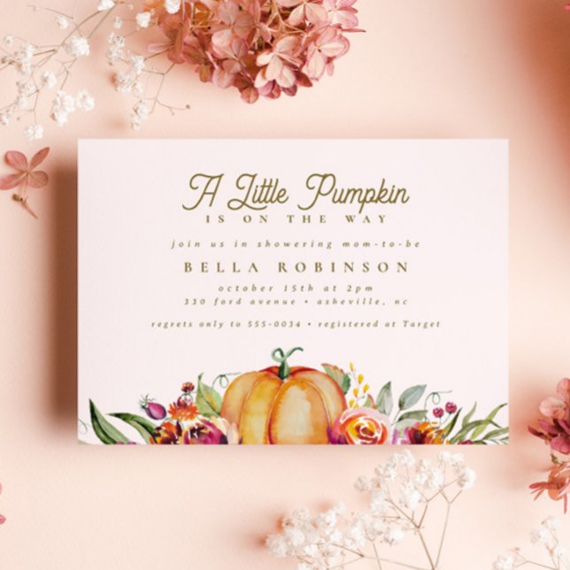 Invitation Chic Fall Little Citrouille Rose Baby shower or (Créateur téléchargé)