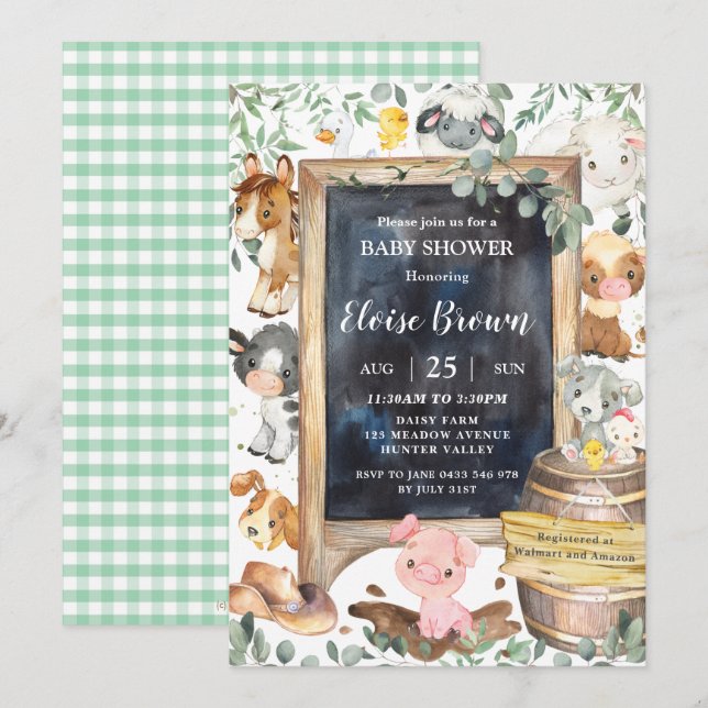 Invitation Chic Farm Animaux Barnyard Baby shower de verdure (Devant / Derrière)