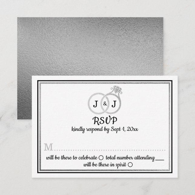 Invitation Chic Faux Argent Huile Monogramme Mariage Cercles (Devant / Derrière)