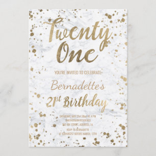 Invitation Chic Faux, confetti d'or, marbre blanc 21e anniver
