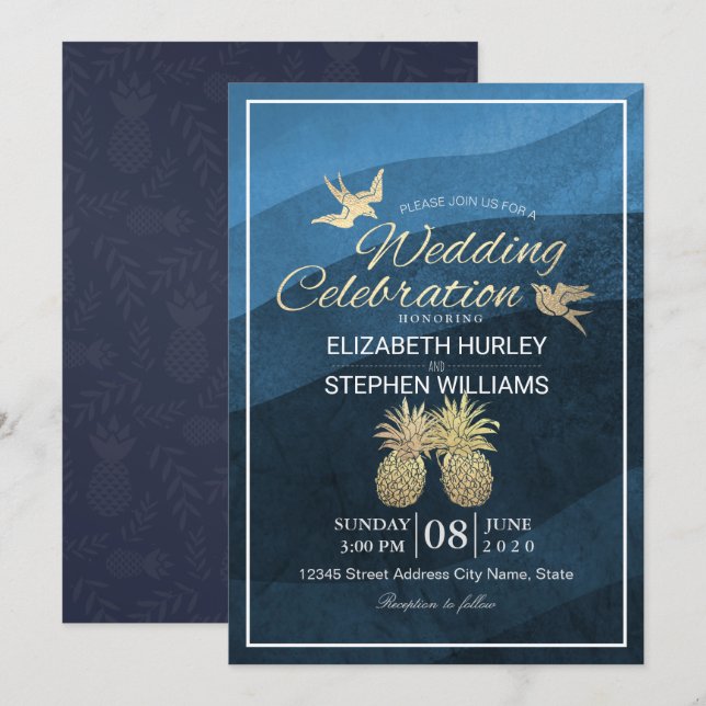Invitation Chic Faux Gold Ananas Couple Blue Wave Mariage (Devant / Derrière)