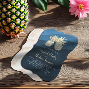 Invitation Chic Faux Gold Ananas Couple Blue Wave Mariage