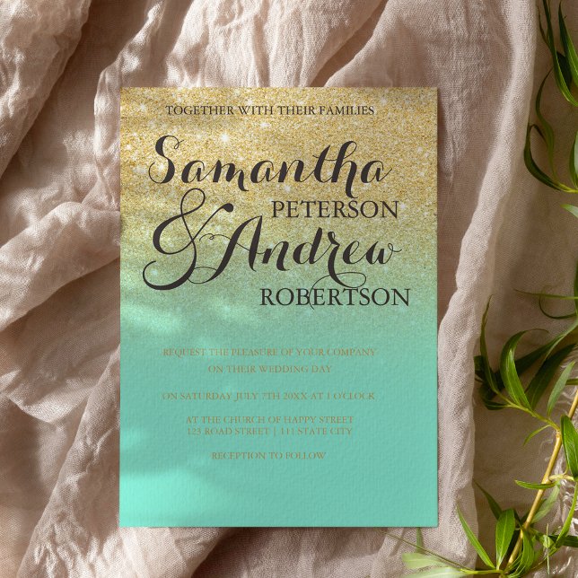 Invitation Chic faux gold glitter mint green wedding (Créateur téléchargé)