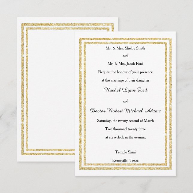Invitation Chic Faux Gold Glittered Trim - 3x5 Mariage Invita (Devant / Derrière)