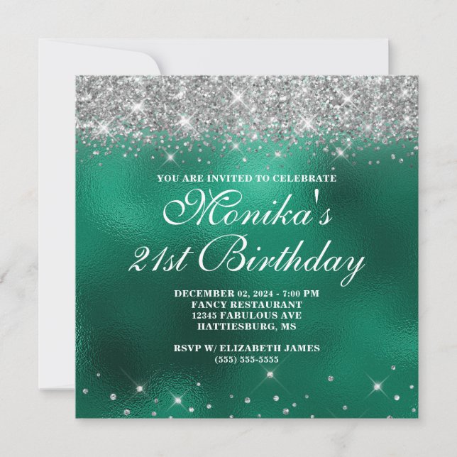 Invitation Chic Faux Parties scintillant Argent Monogramme Gr (Devant)