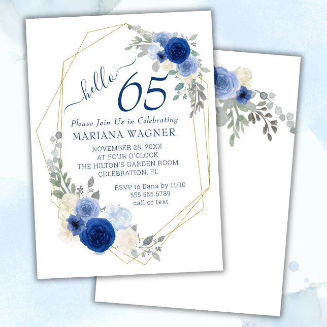 Invitation Chic Féminin Fleurs Bleu Marine 65e Anniversaire (Créateur téléchargé)