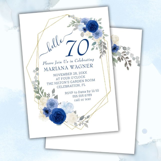 Invitation Chic Féminin Fleurs Bleu Marine 70e Anniversaire (Créateur téléchargé)