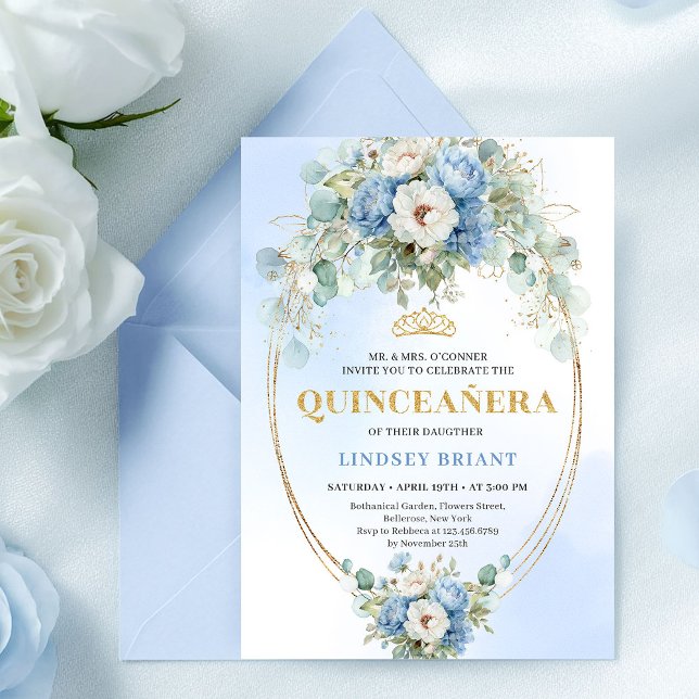 Invitation Chic Fête des 15 Ans Bleu Pivoine Or (Chic Blue Peony Gold Script Quinceañera Invite

)