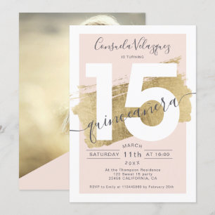 Invitation Chic feuille d'or brosse blush quinceanera photo