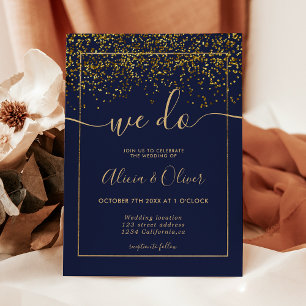 Invitation Chic feuille d'or marine bleu photo initiales mari
