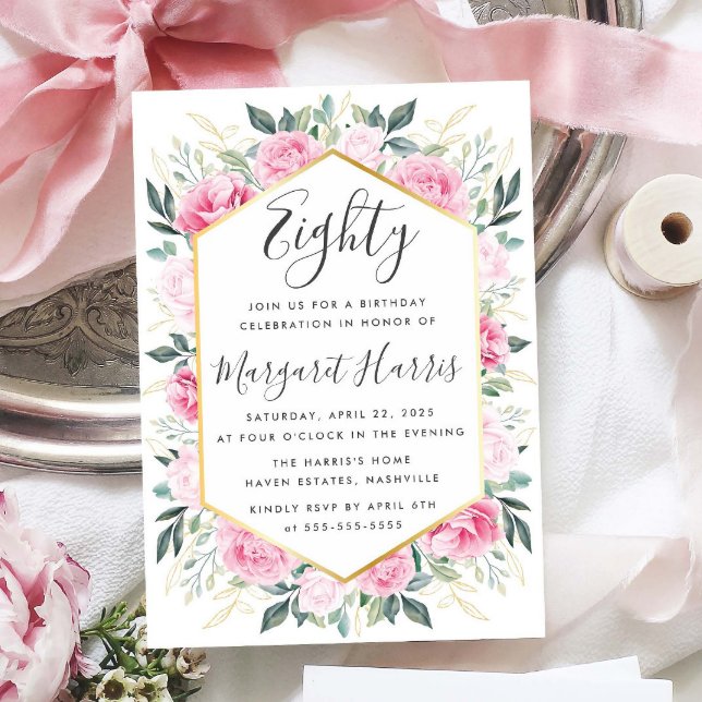 Invitation Chic Feuilles or rose florale 80e anniversaire 80e (Créateur téléchargé)