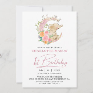 Invitation Chic Fille Fleur Rose Lune Éléphant 1er Anniversai