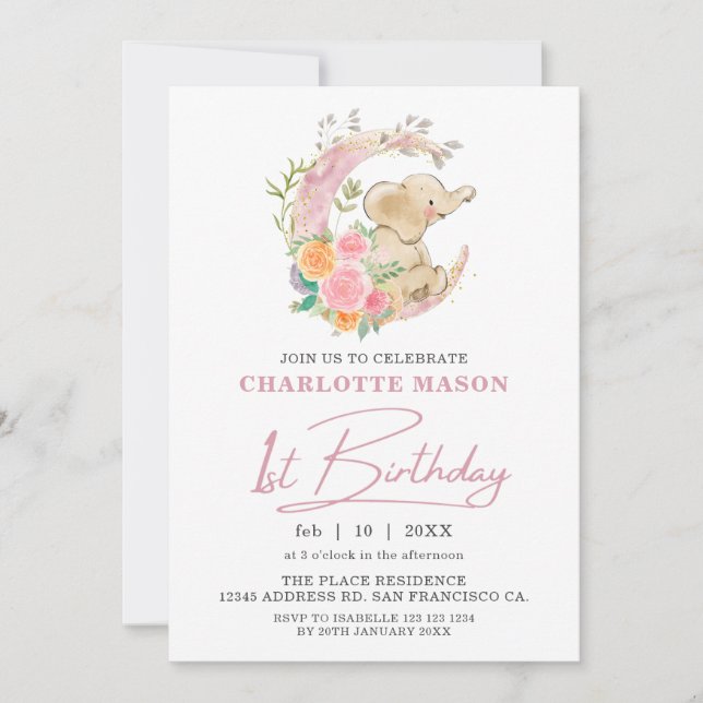Invitation Chic Fille Fleur Rose Lune Éléphant 1er Anniversai (Devant)